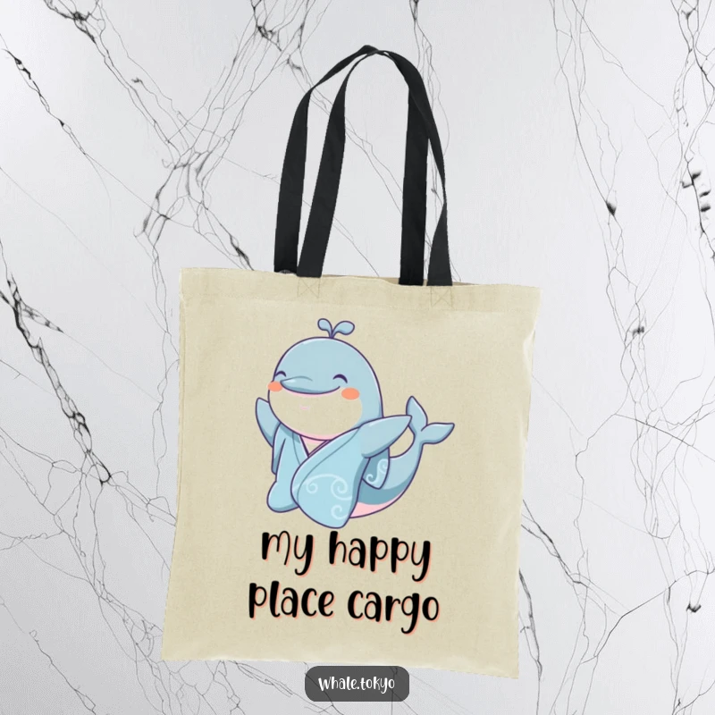 Funny jovial whale in a silk kimono, smiling and waving, a cheerful tote bag.