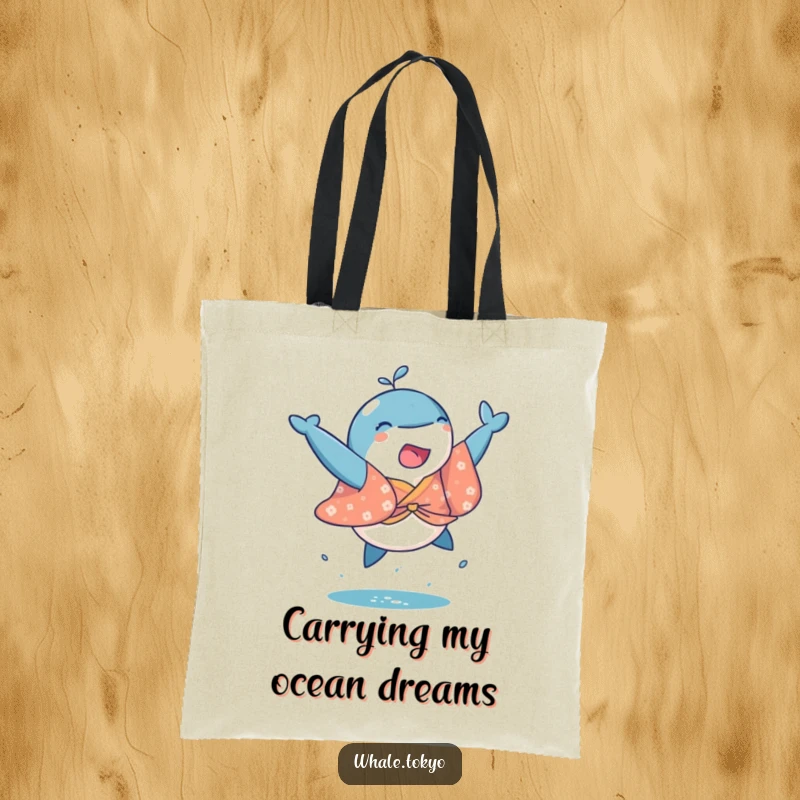 Funny tote bag with a playful whale in a bright kimono, caught in a joyful mid-air leap, great for shopping.